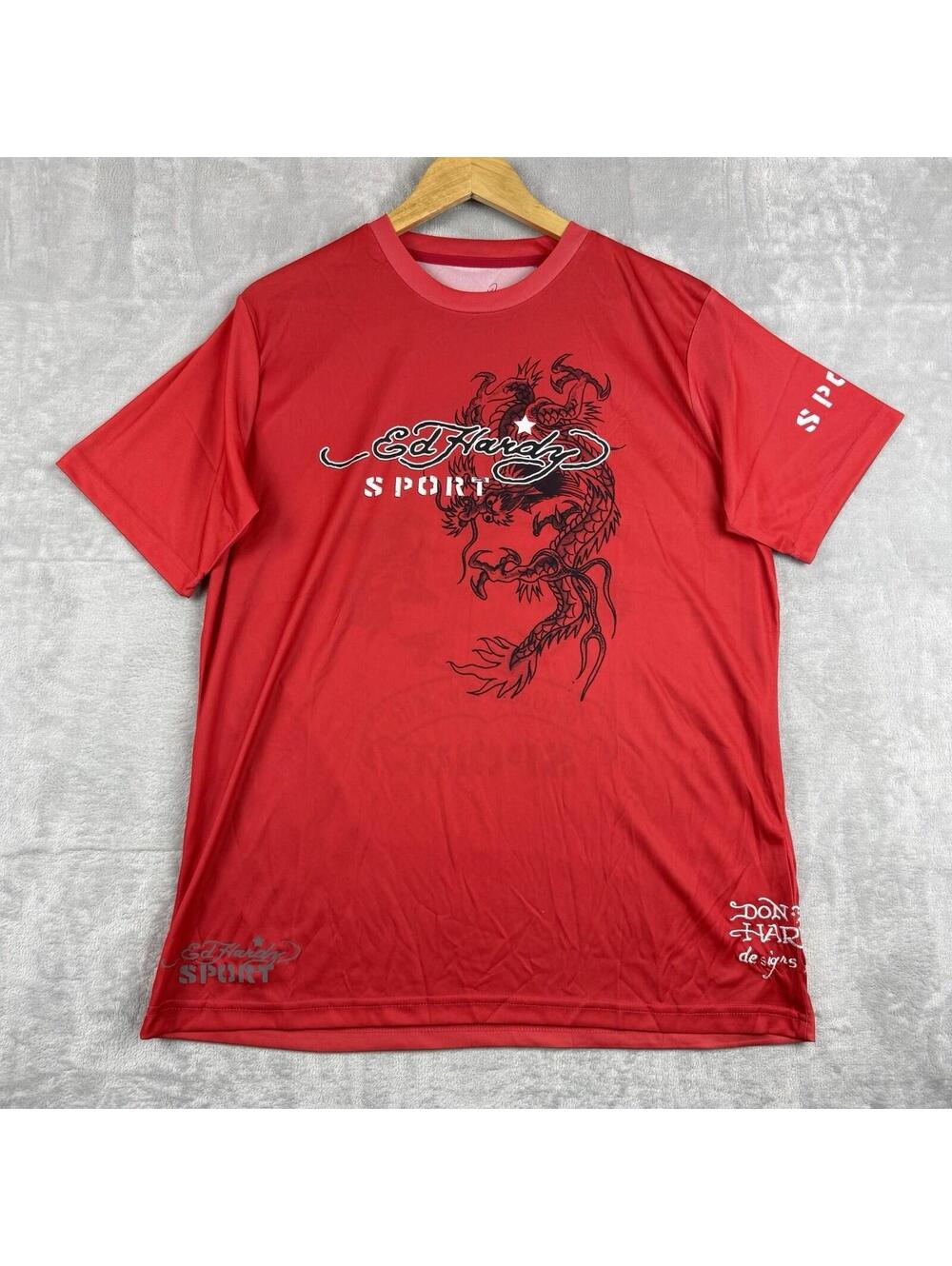 Ed Hardy Sport Dragon Graphic T Shirt Slim Stretch S Red Y2K Tattoo Streetwear